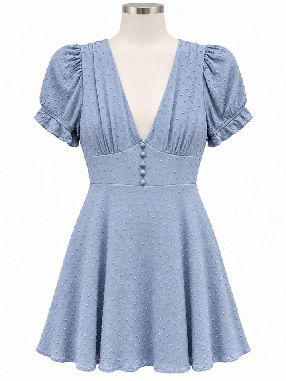 Lulus Dusty Blue Swiss Dot Puff Sleeve Open Back Mini Dress XL